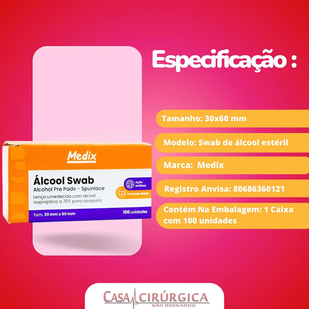 Swab Caixa Saches 30x60 MM Lenço Umedecido Descartavel De Alcool Procedimentos Para Assepsia Limpeza De Pele Medix 100 Unidades