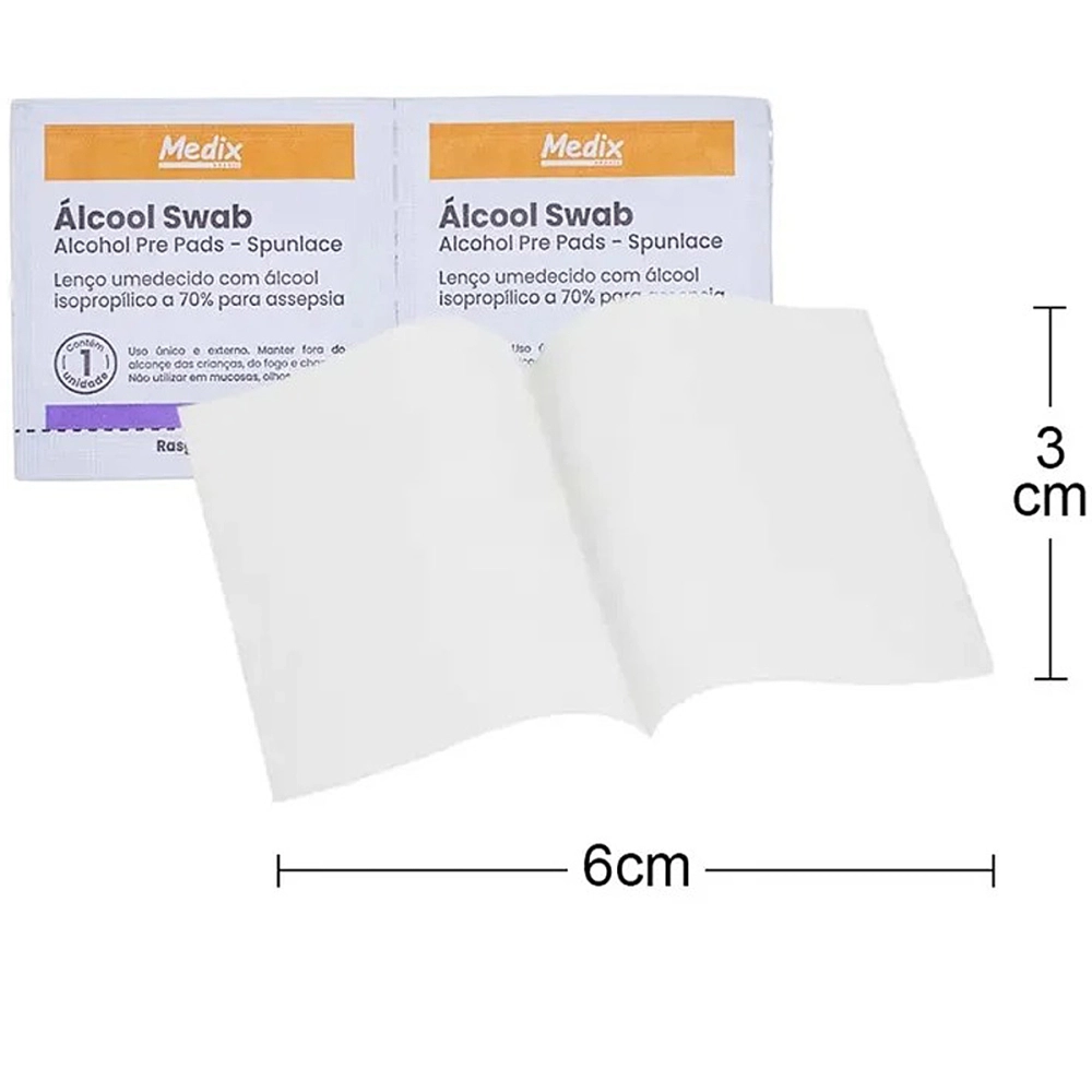 Swab Caixa Saches 30x60 MM Lenço Umedecido Descartavel De Alcool Procedimentos Para Assepsia Limpeza De Pele Medix 100 Unidades