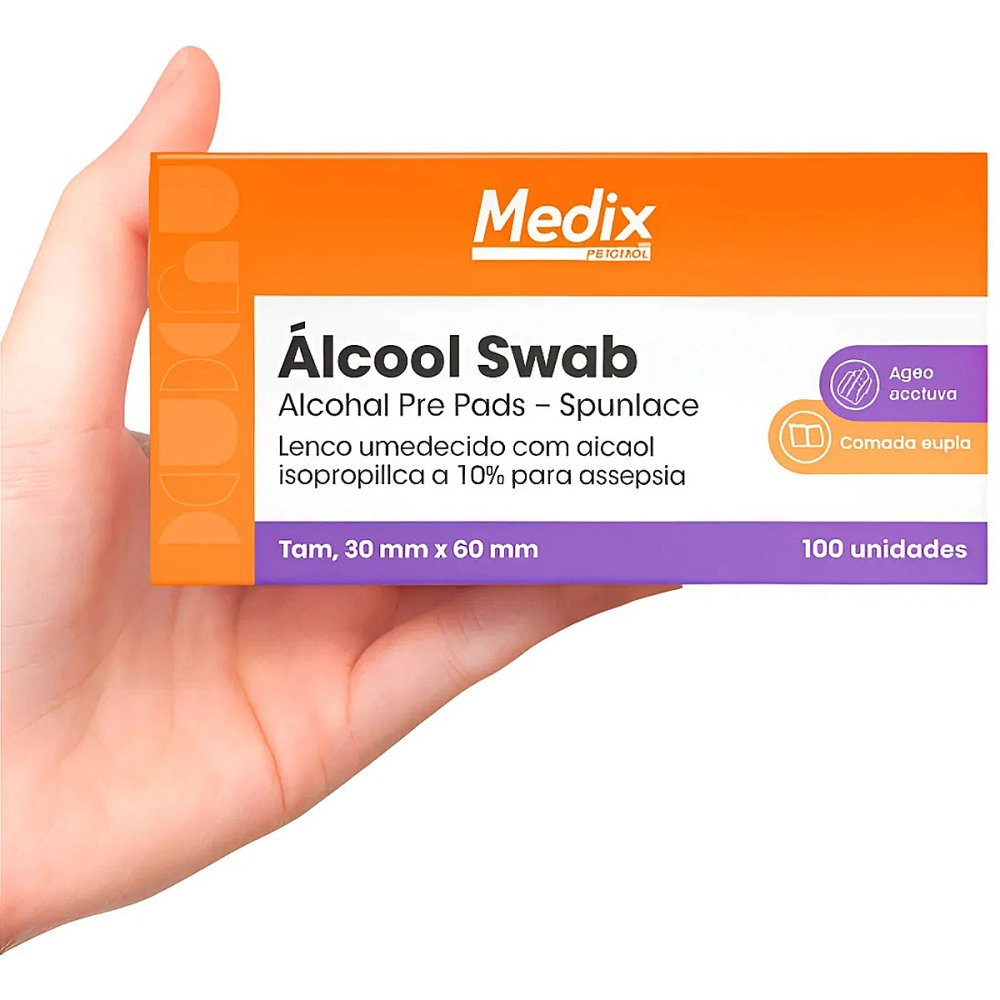 Swab Caixa Saches 30x60 MM Lenço Umedecido Descartavel De Alcool Procedimentos Para Assepsia Limpeza De Pele Medix 100 Unidades