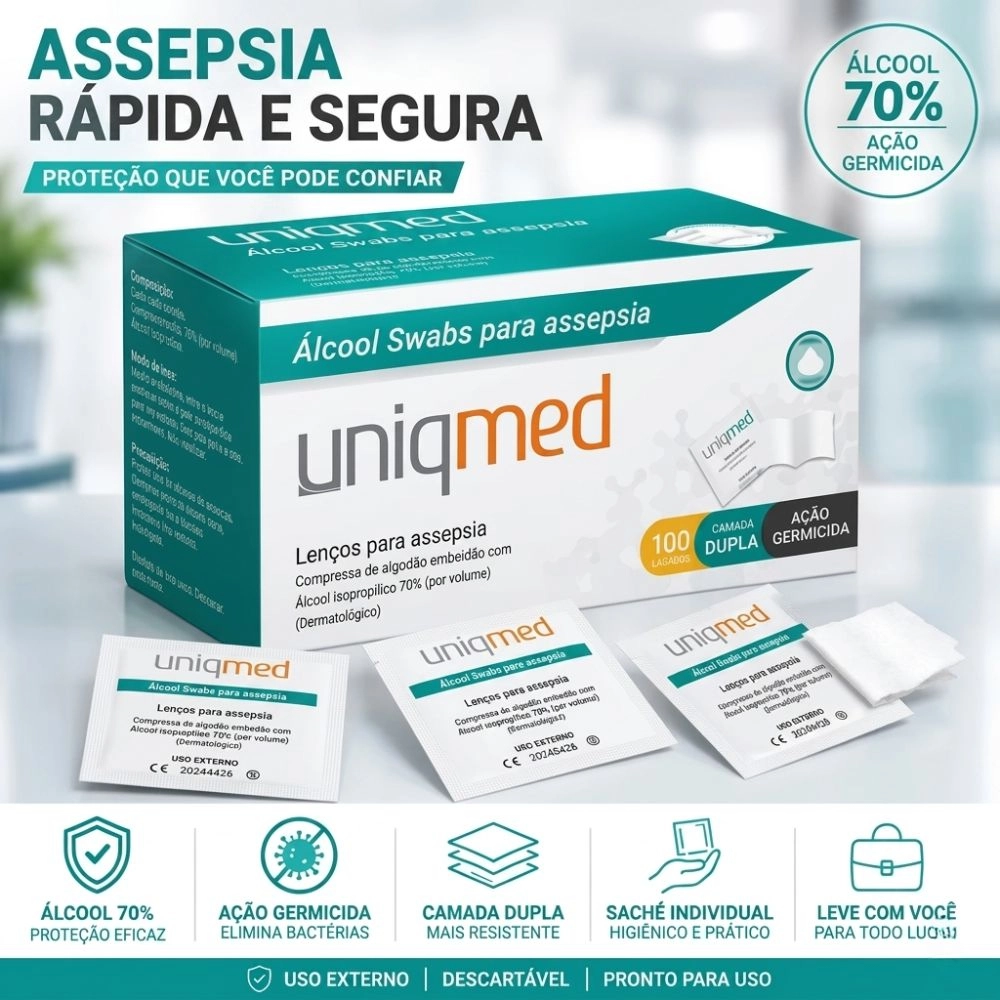 Swab de Álcool 70% Lenço Assepsia 30x60cm 100 Unidades Uniqmed