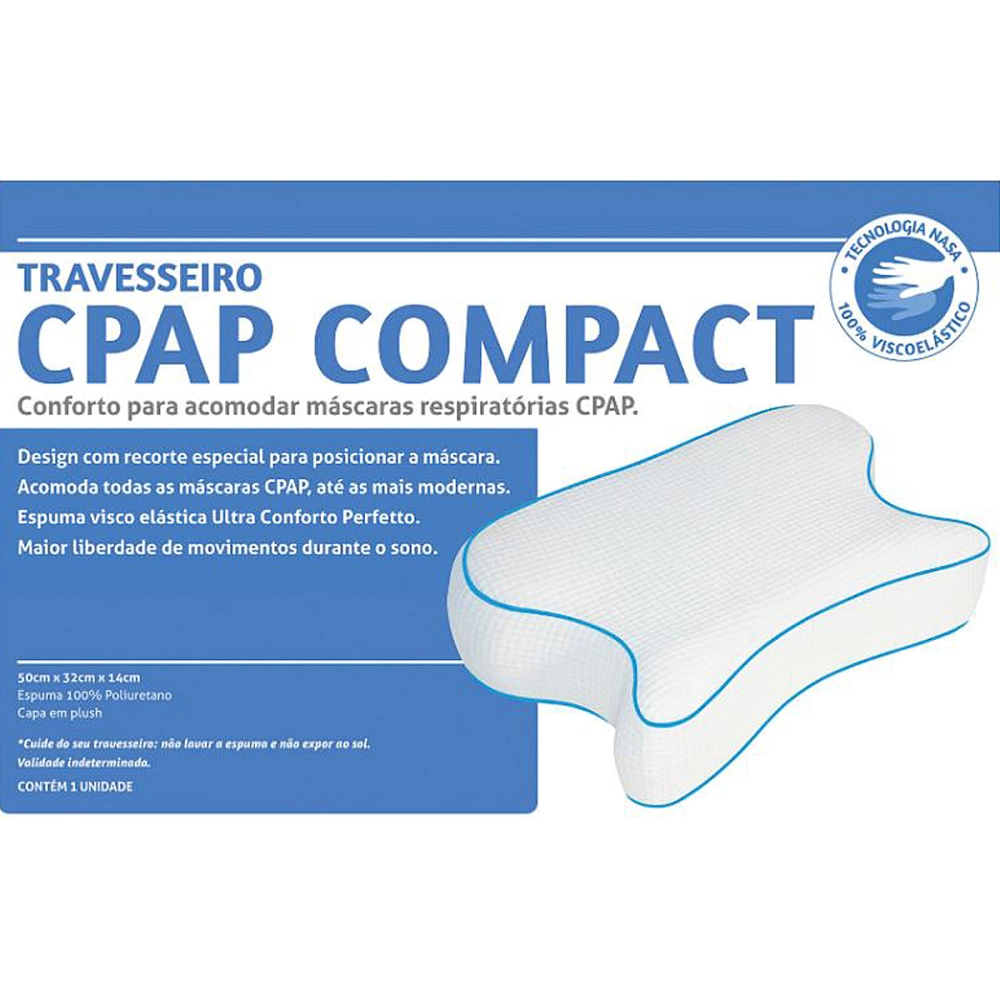 Travesseiro Almofada Compact Para Acomodar Mascaras Respiratorias Cpap Tecnologia Nasa 201907 Perfetto 50 x 32 x 14 cm 