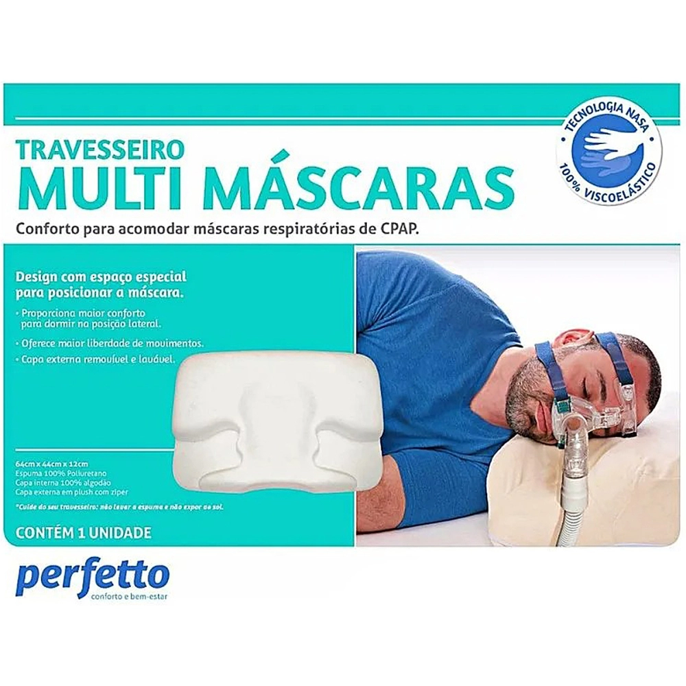 Travesseiro Almofada Multi Mascaras Para Uso De Mascara Respiratorias CPAP BiPAP Tecnologia Nasa Viscoelastico 64 x 44 x 12 Cm 205005 Perfetto