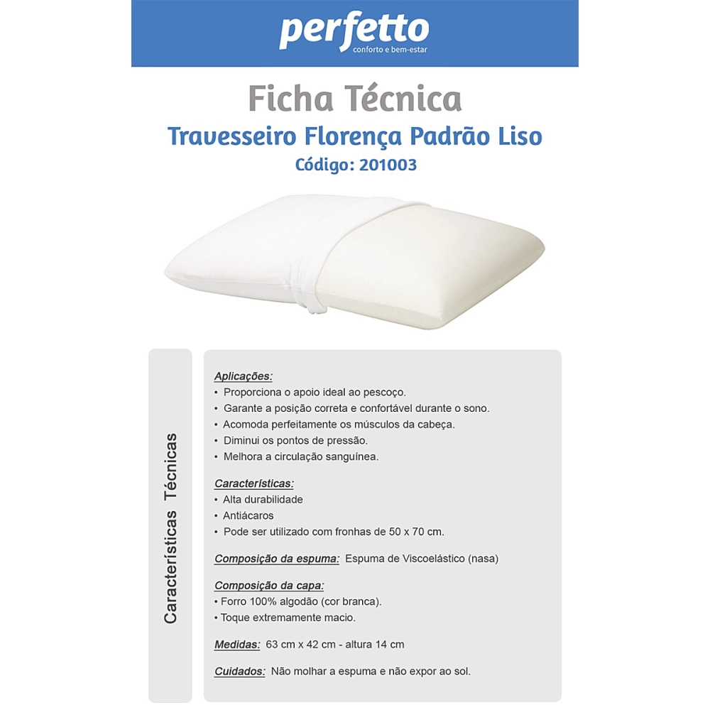 Travesseiro Almofada Ortopedico Florença Perfil Alto Visco Tecnologia NASA 201003 Perfetto