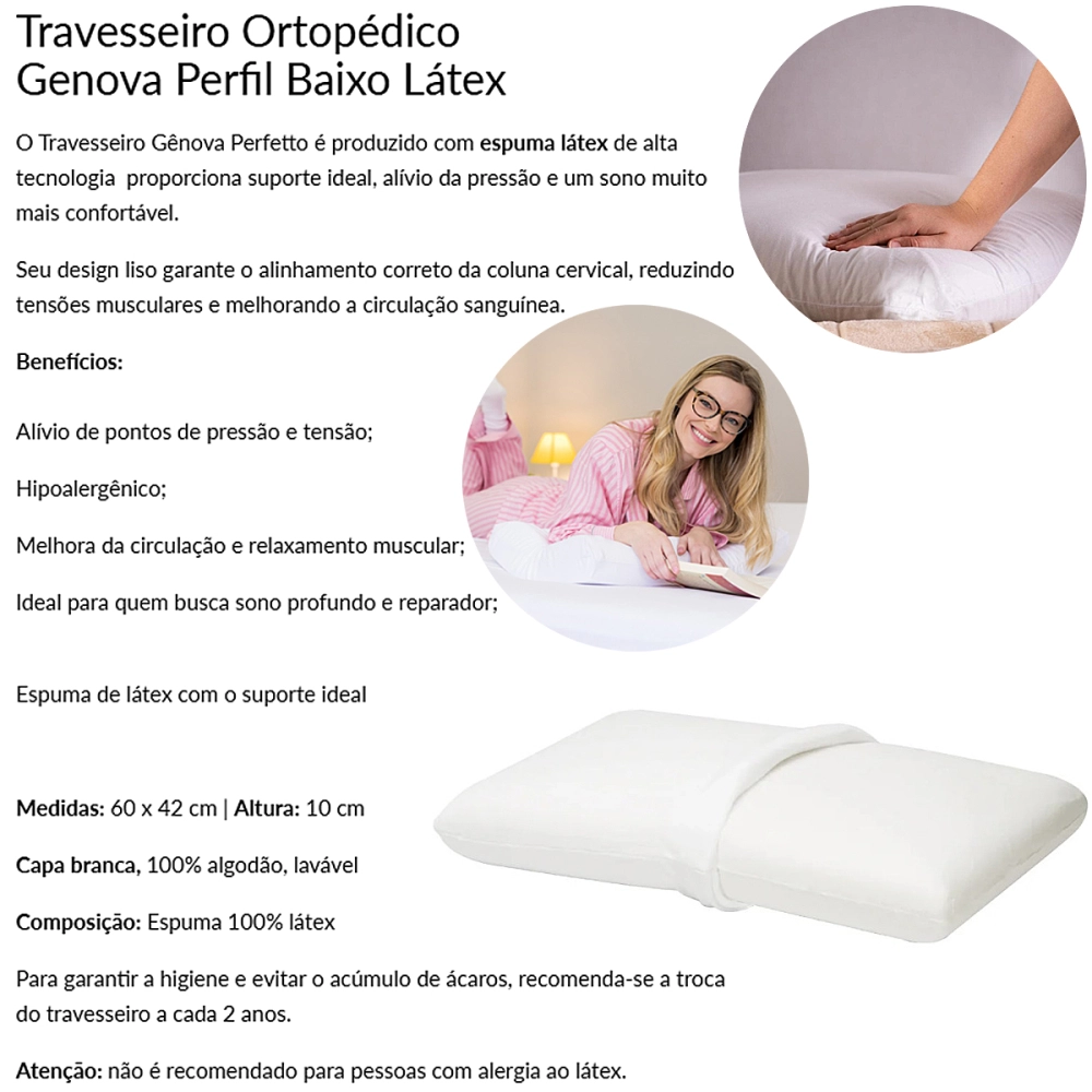 Travesseiro Almofada Ortopedico Genova Perfil Baixo 60 x 42 x 10 cm Latex De Poliuretano 202003 Perfetto 
